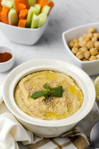 High angle view of soup in bowl on table