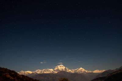 Scenic view of mountains against sky at night