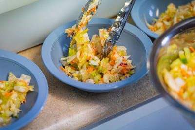 High angle view of meal served on table