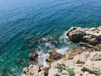 High angle view of rocks in sea