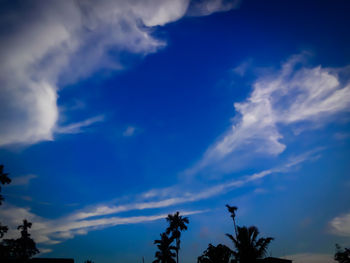 Low angle view of silhouette trees against blue sky