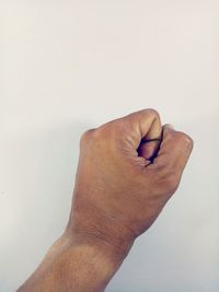 Close-up of person hand against white background