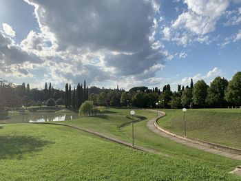 Panoramic shot of trees on field against sky