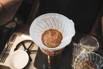 High angle view of coffee on table