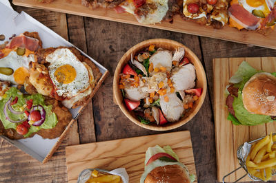 High angle view of meal served on table