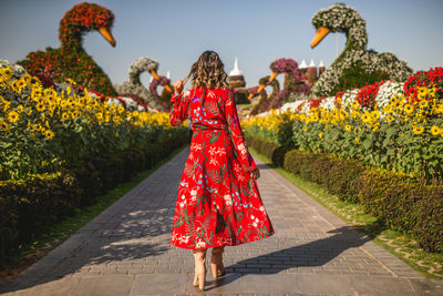 Rear view of woman in red dress walking on footpath amidst flowering plants in park