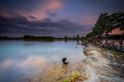 Scenic view of lake against sky during sunset