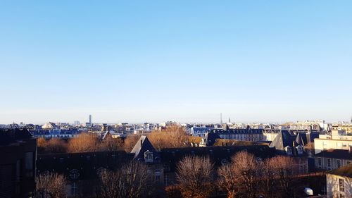 High angle view of cityscape against clear sky