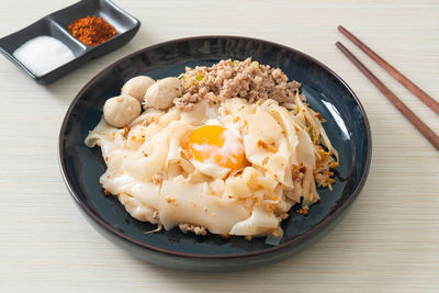 High angle view of breakfast served on table