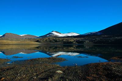 Scenic view of lake and mountains against clear blue sky