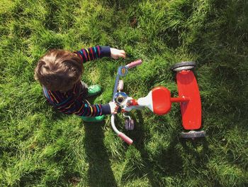 High angle view of boy playing with tricycle on grassy field