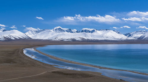 Scenic view of snowcapped mountains against sky during winter