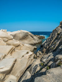 Scenic view of rocks by sea against clear blue sky