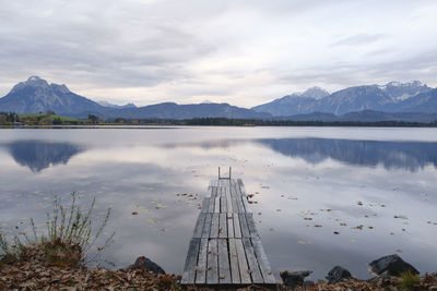 Scenic view of lake by mountains against sky