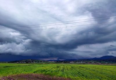 Scenic view of field against cloudy sky