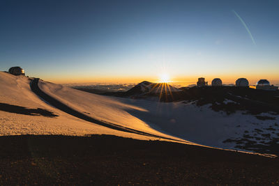 Sunset on mauna kea summit observatory. big island, hawaii