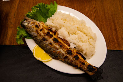 High angle view of food in plate on table