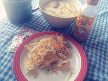 Close-up of food served on table