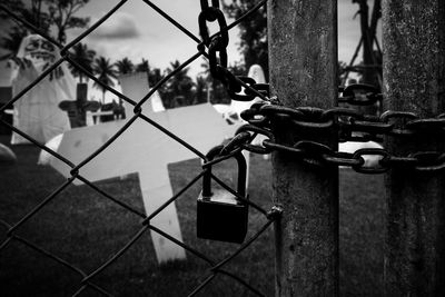 Close-up of padlocks on fence