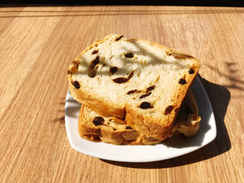 High angle view of cake in plate on table