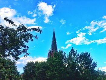 Low angle view of trees against blue sky