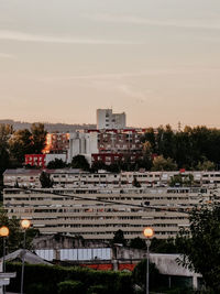 High angle view of buildings against sky