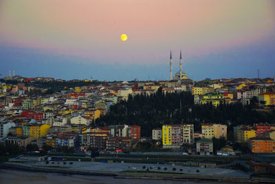 High angle view of buildings in city at sunset