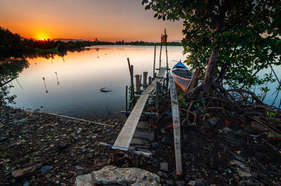 Scenic view of lake against sky at sunset