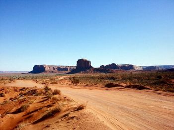 Scenic view of desert against clear blue sky
