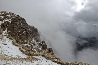 Low angle view of snowcapped mountain against cloudy sky