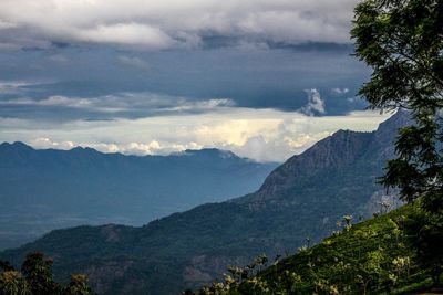 Scenic view of mountains against cloudy sky