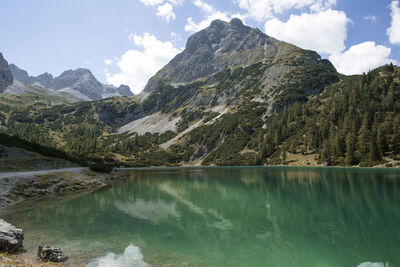 Scenic view of lake and mountains against sky