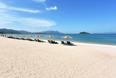 Scenic view of sea against clear blue sky in tanjung rhu, langkawi island, malaysia