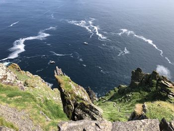 High angle view of rocks on sea shore