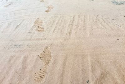 High angle view of footprints on sand at beach