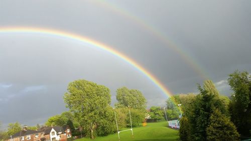 Rainbow over trees against cloudy sky