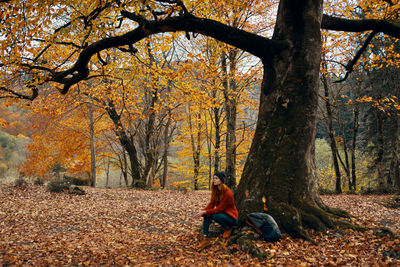 Man sitting on tree trunk during autumn