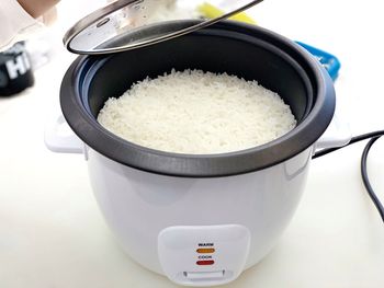 High angle view of bread in bowl on table