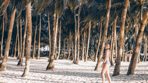 Woman walking against trees at beach