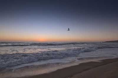 Scenic view of sea against clear sky during sunset
