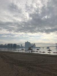 Scenic view of beach against sky during sunset