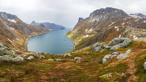 Scenic view of lake and mountains against sky