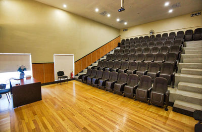 Empty chairs and tables in room