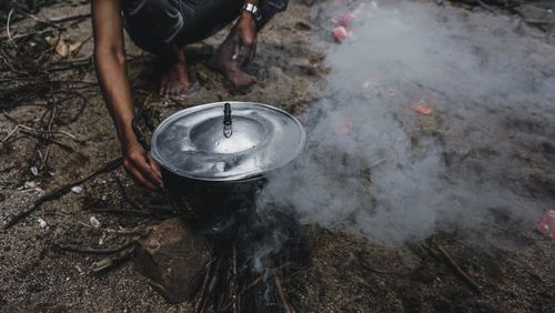 High angle view of man preparing food