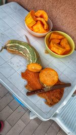 High angle view of food served on table