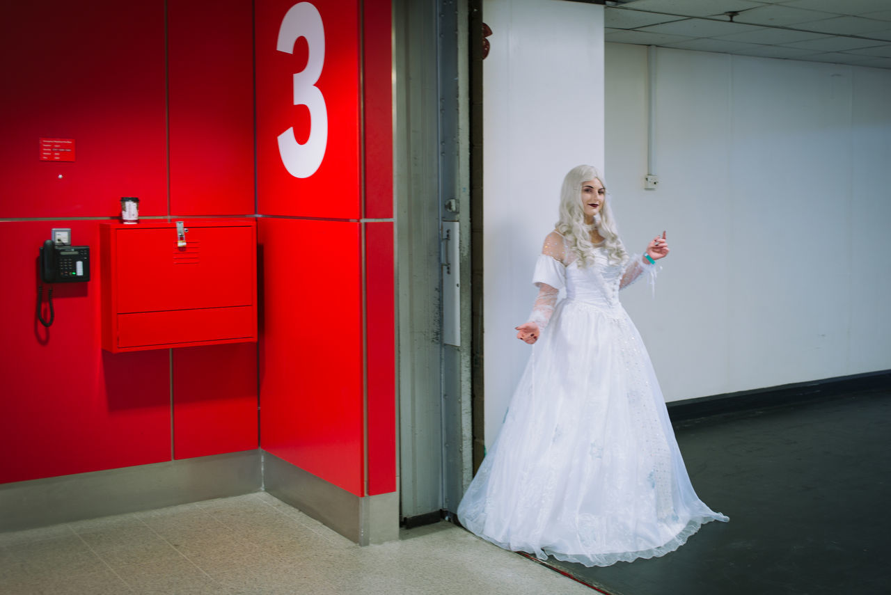 full length, white color, red, wedding, day, adults only, one person, bride, people, outdoors, adult, wedding dress