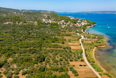 Aerial view of a forested coast of the pasman island, croatia