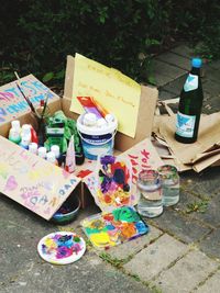 High angle view of bottles on table