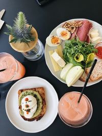 High angle view of breakfast served on table