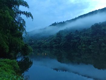 Scenic view of lake by trees against sky